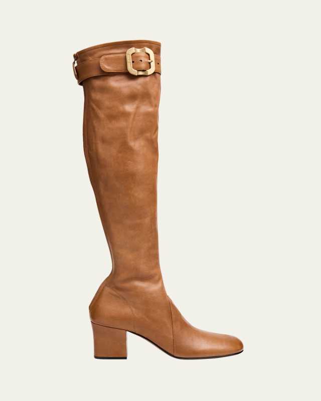 Stivali Stretch Leather Buckle Over-The-Knee Boots